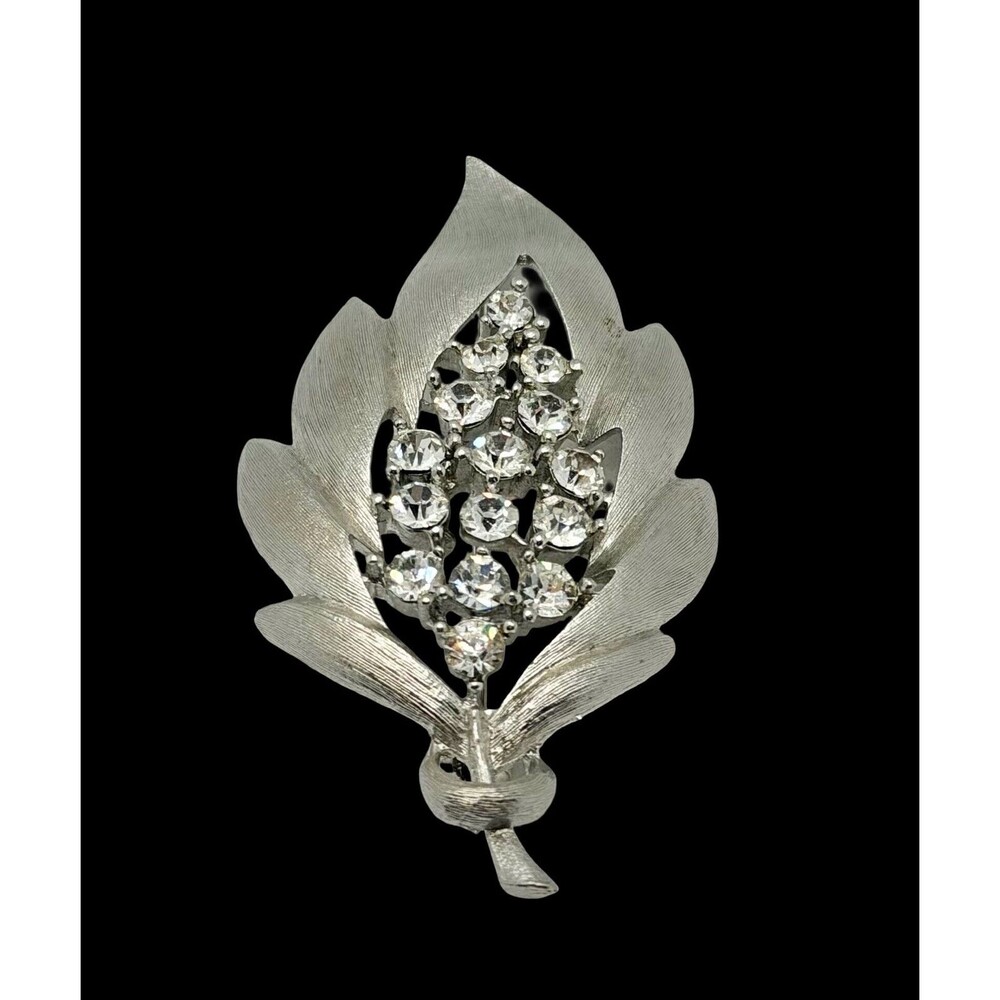 Vintage JJ Jonette Jewelry Silver Tone Leaf & Rhinestone Cluster Brooch Pin